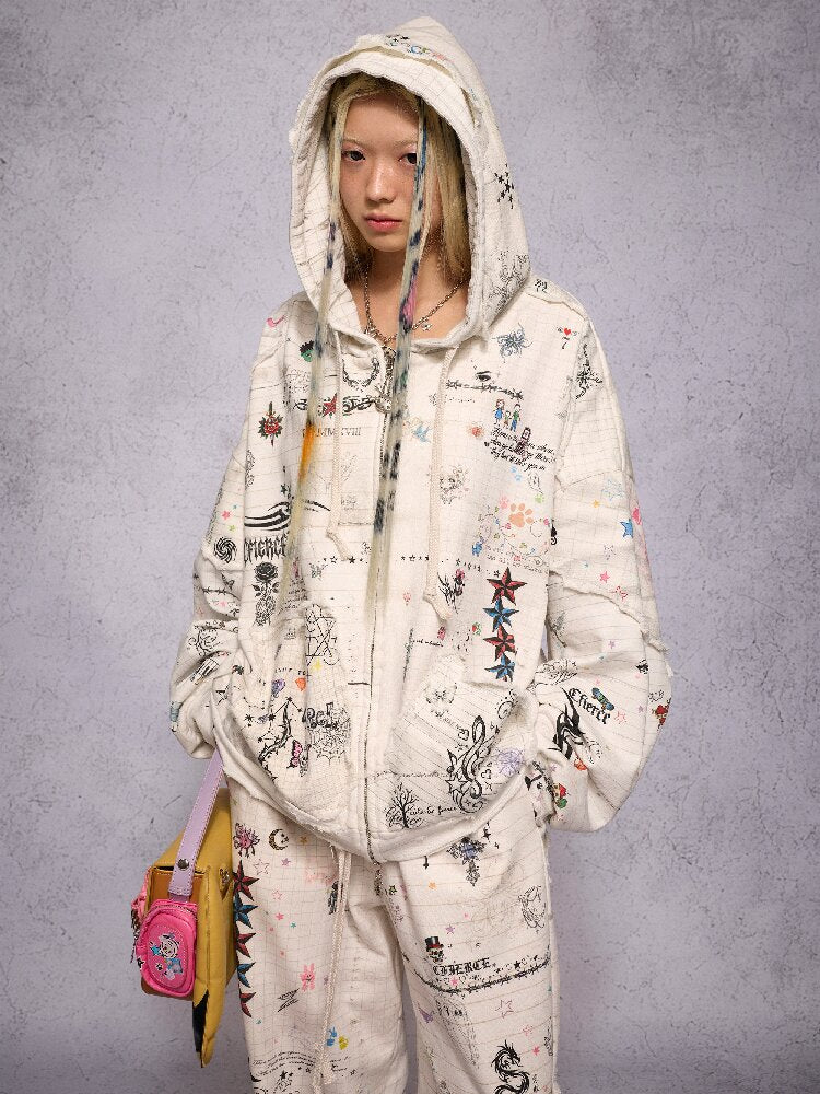 Torn Manuscript Print Sweatshirt Jacket【s0000018735】