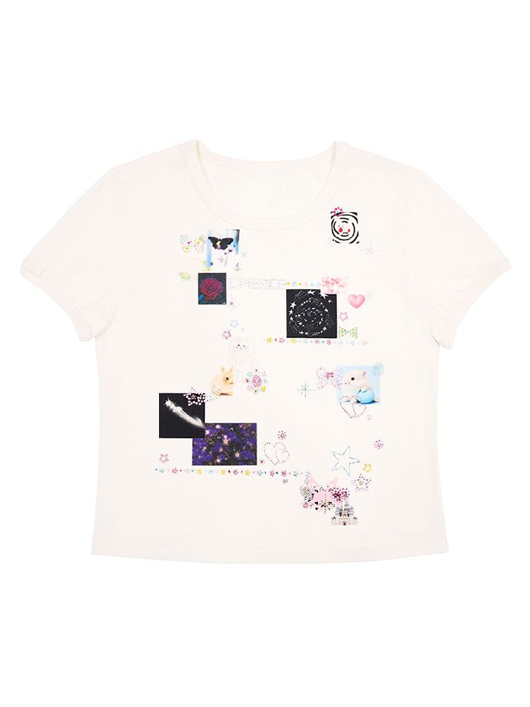 Sticker Printed Rhinestone T-Shirt【s0000011794】