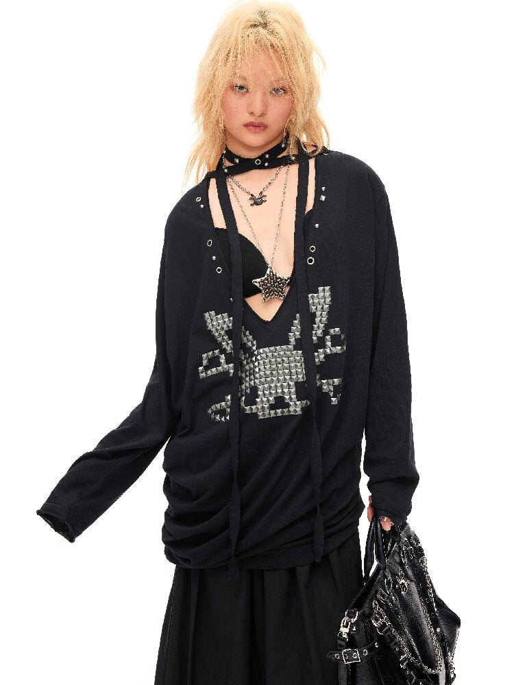 Studded Rabbit Skull Pleated Top【s0000016489】
