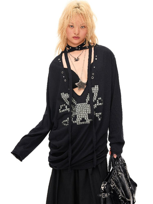 Studded Rabbit Skull Pleated Top【s0000016489】