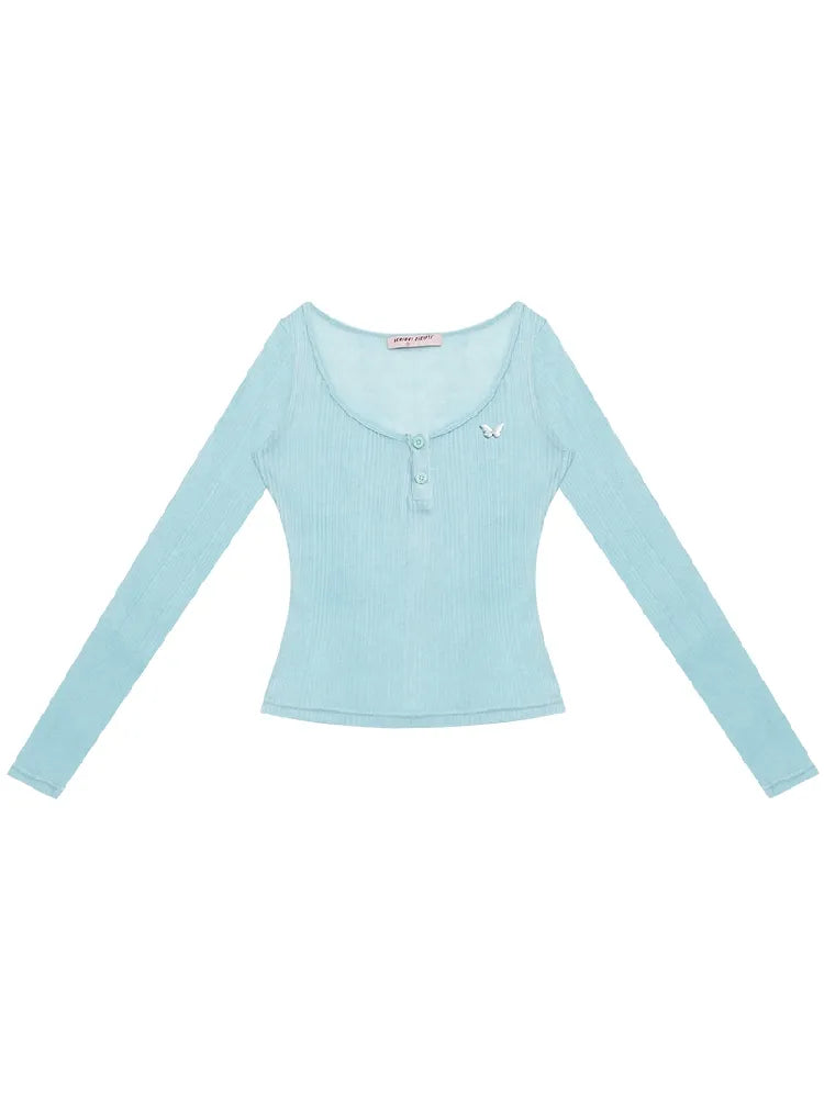 Trim jersey semi-sheer long-sleeved T-shirt 【s0000011676】