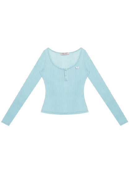 Trim jersey semi-sheer long-sleeved T-shirt 【s0000011676】