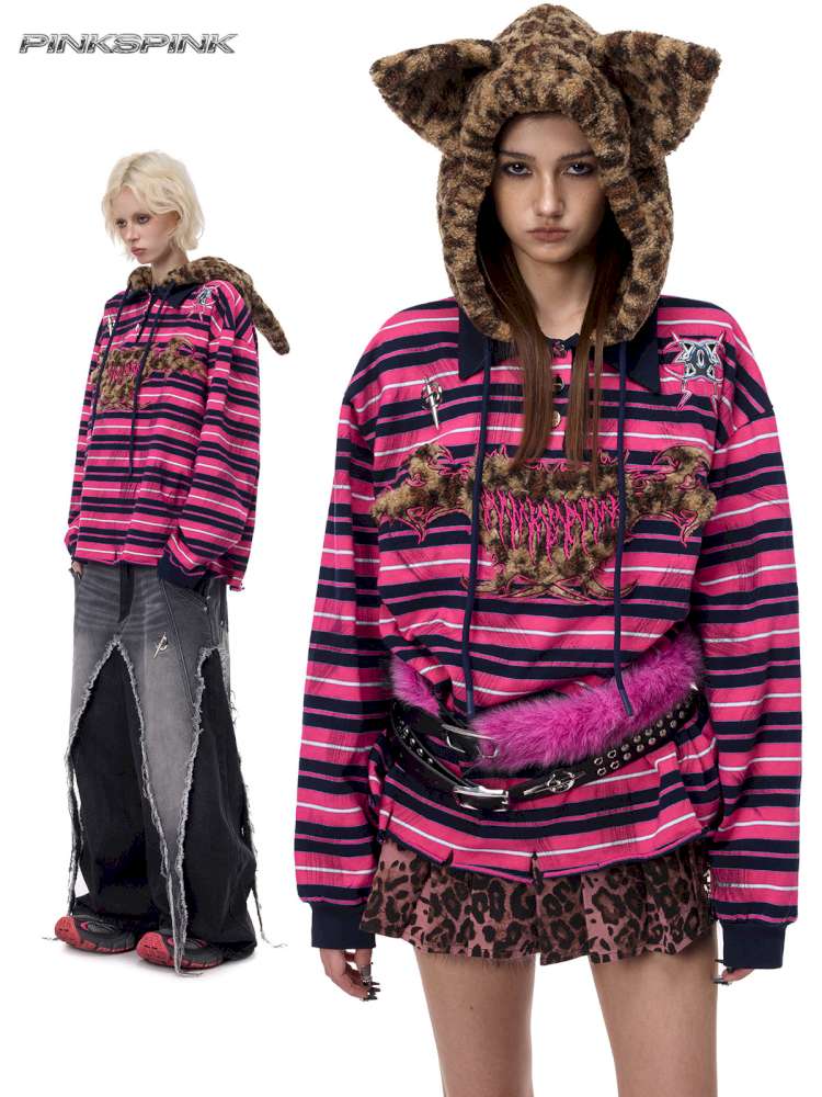 Pink Striped Leopard Cat Ear Hood【s0000015115】