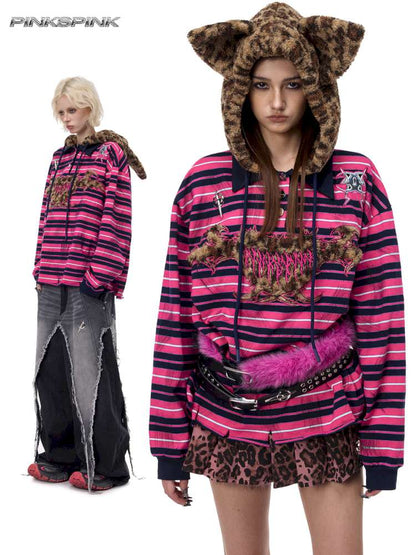 Pink Striped Leopard Cat Ear Hood【s0000015115】