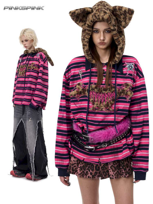Pink Striped Leopard Cat Ear Hood【s0000015115】
