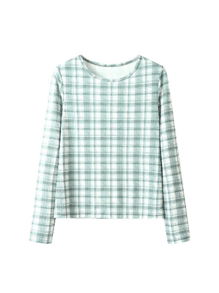 Plaid Crew Neck Waffle Print Top【s0000019249】