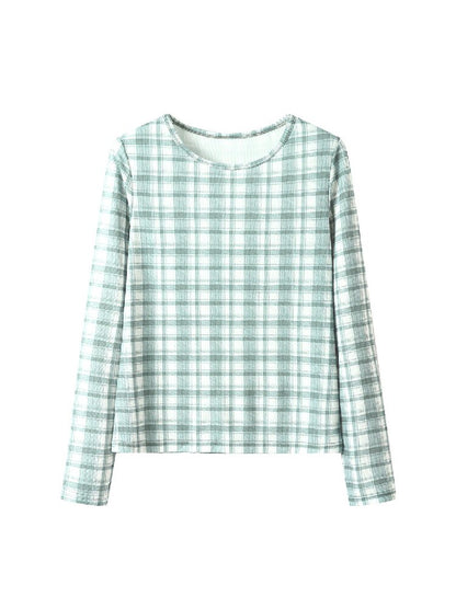 Plaid Crew Neck Waffle Print Top【s0000019249】