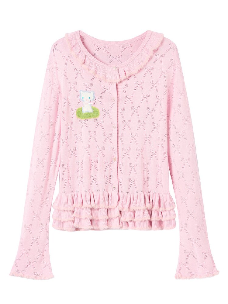 Pink Lace Bow Cut Out Knit Cardigan【s0000016196】