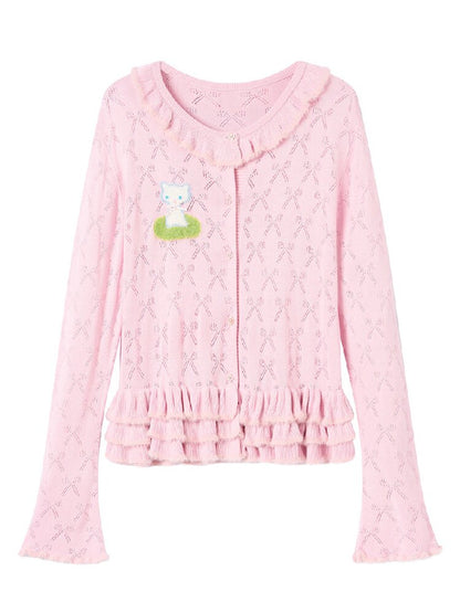 Pink Lace Bow Cut Out Knit Cardigan【s0000016196】