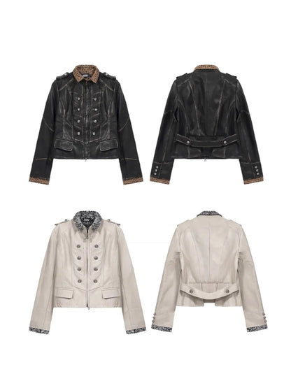 Leopard Pattern Splicing Leather Jacket & Wide Pants【s0000004172】