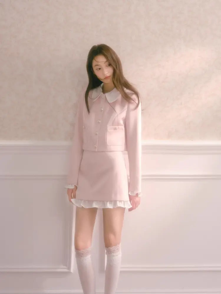 Doll Collar Short Jacket Flounce-Hem Bodycon Skirt【s0000014334】