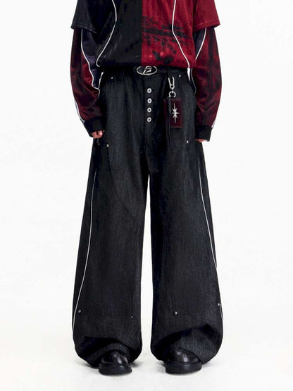 Red Trim Wide Leg Cotton Jeans【s0000015172】