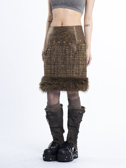 Patchwork PU Fur Rivet Skirt Set【s0000018047】