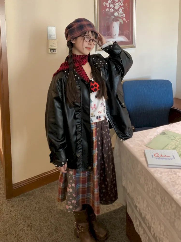 Lace-Trimmed Oversized Leather Jacket【s0000014167】