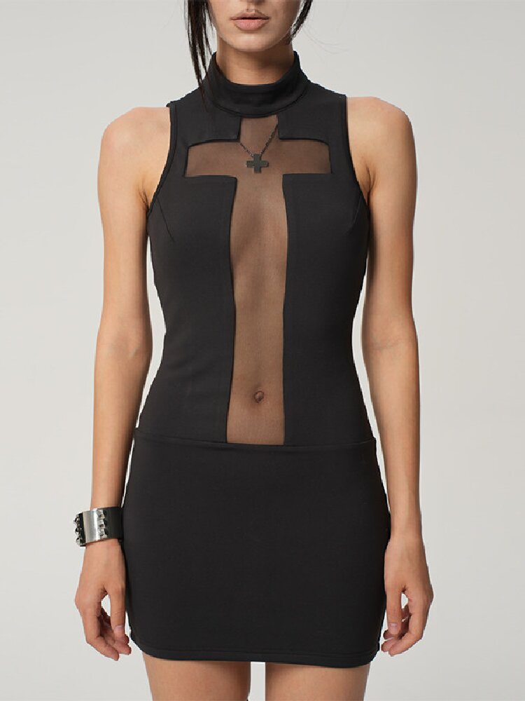 High-Neck Cross-Mesh Dress【s0000017468】