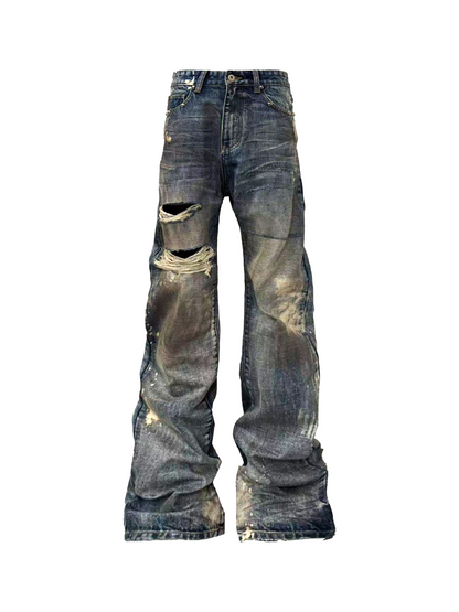 Rust Blue Oil Stained Flared Jeans【s0000018299】