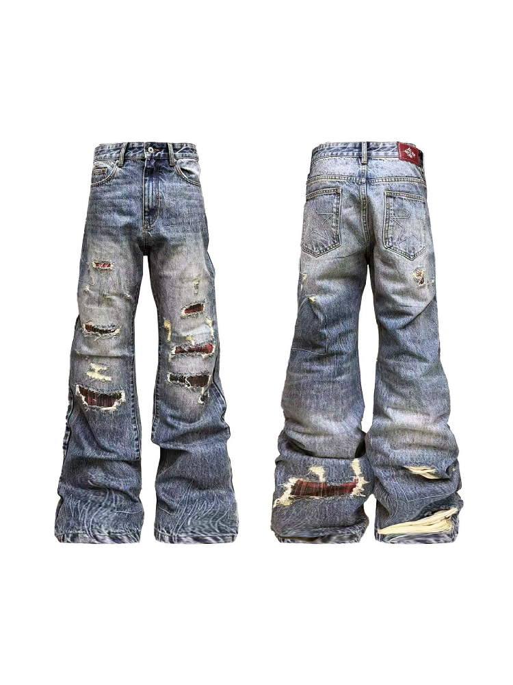 Washed Plaid Ripped Bootcut Jeans【s0000018224】