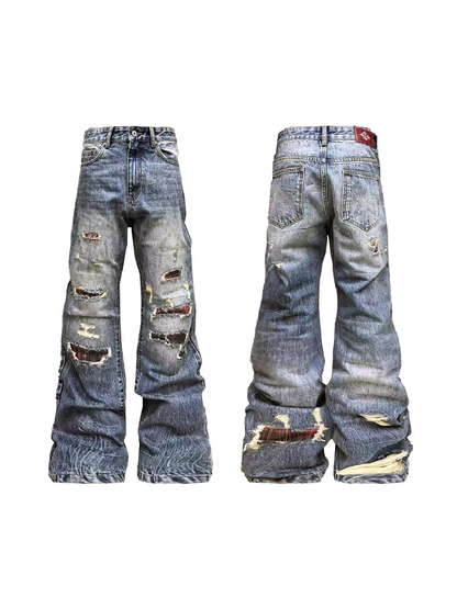 Washed Plaid Ripped Bootcut Jeans【s0000018224】