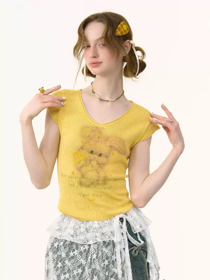 Rabbit Printing V-Neck Short Sleeve T-shirt【s0000012236】