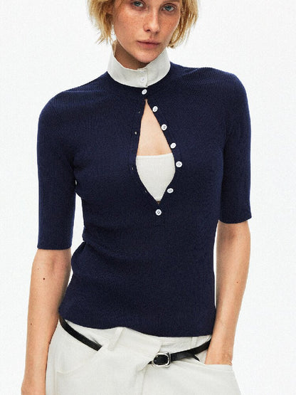 Lyocell Contrast Knitted Top【s0000015923】
