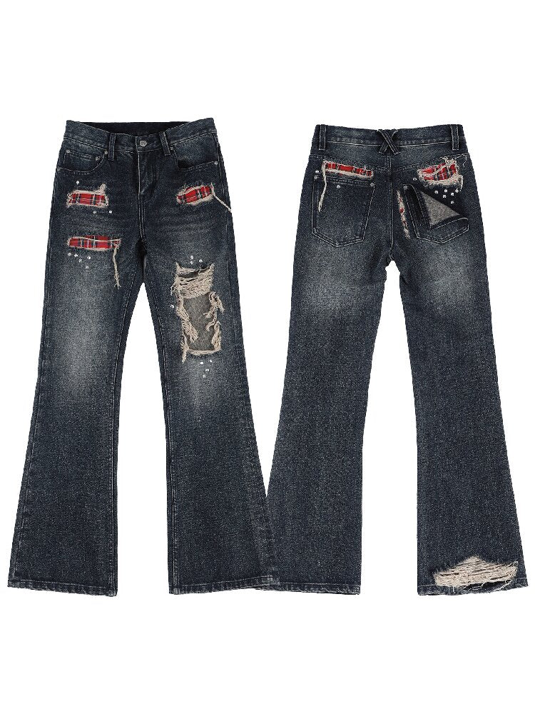 Red Plaid Patch Ripped Jeans【s0000018559】