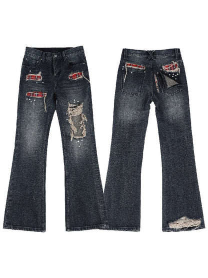 Red Plaid Patch Ripped Jeans【s0000018559】