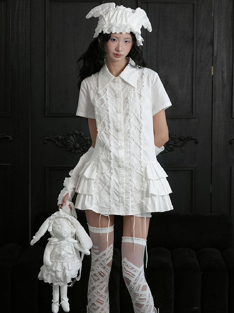 Ruffled Lace Tie Up Shirt Dress【s0000018181】