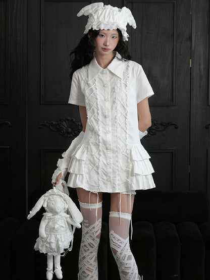 Ruffled Lace Tie Up Shirt Dress【s0000018181】