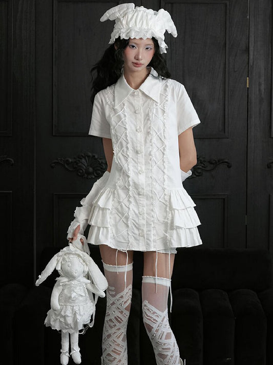Ruffled Lace Tie Up Shirt Dress【s0000018181】
