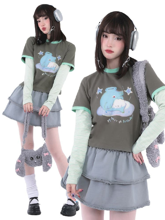 Fake Two Long Sleeve Short Version T-Shirt【s0000005730】