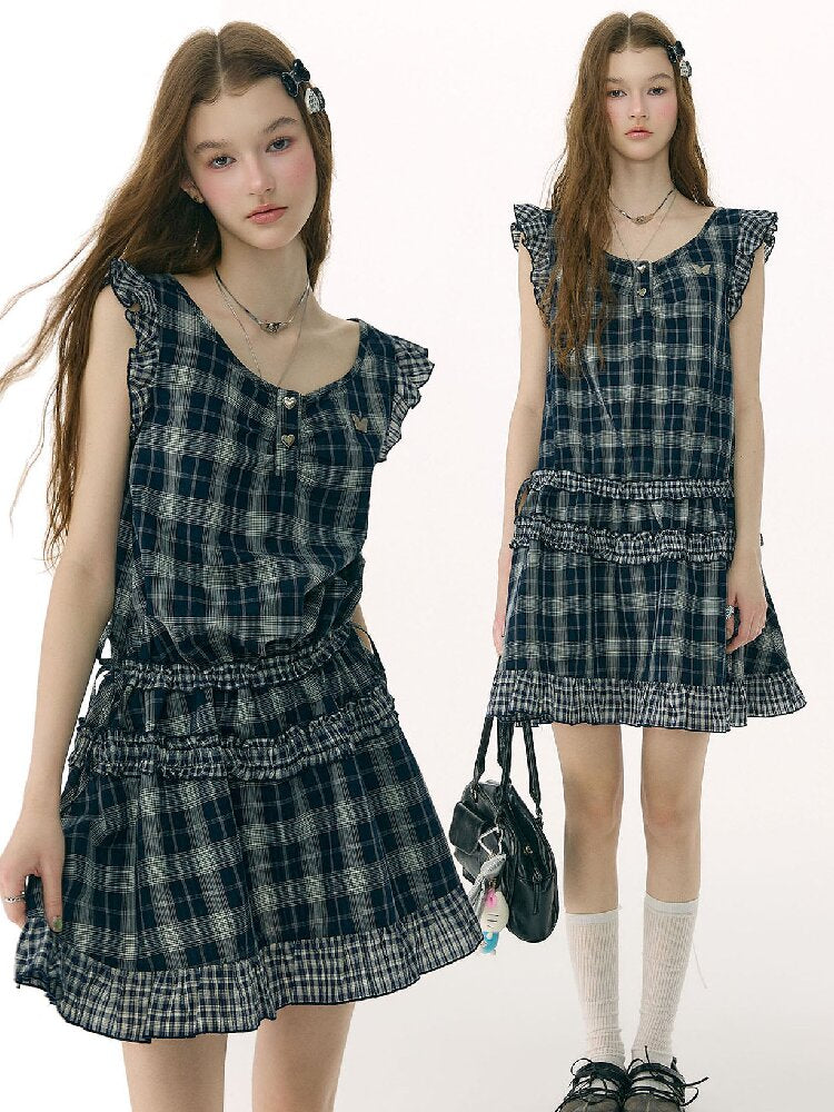 Spliced Plaid Flying Sleeve Dress【s0000016844】