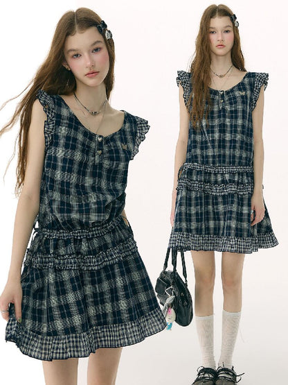 Spliced Plaid Flying Sleeve Dress【s0000016844】