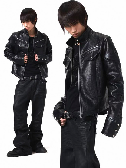 Armor Stand Collar Leather Zip Jacket【s0000018199】