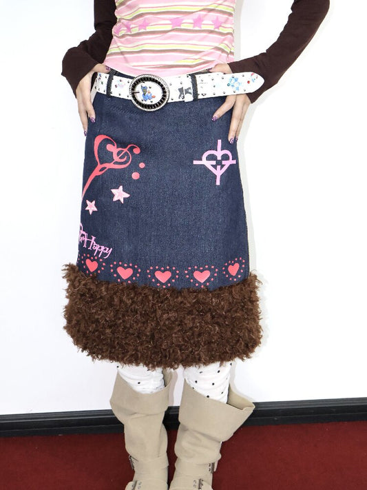 Heartbeat Print Denim Fleece Skirt【s0000018670】