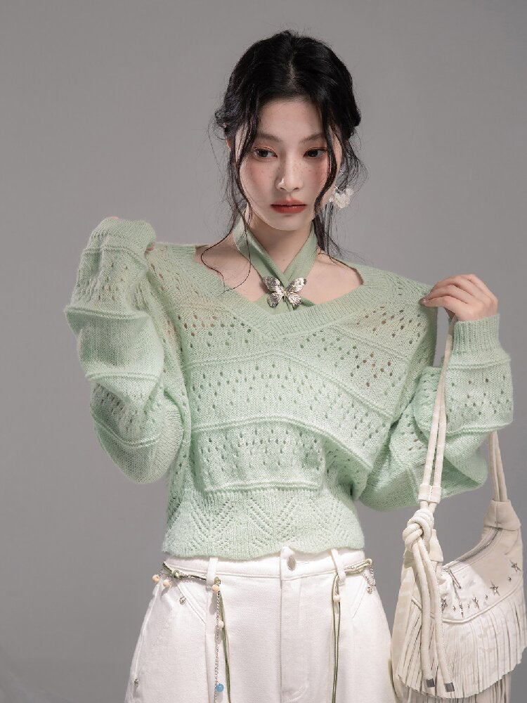 Openwork Woolen Halterneck Set【s0000015746】