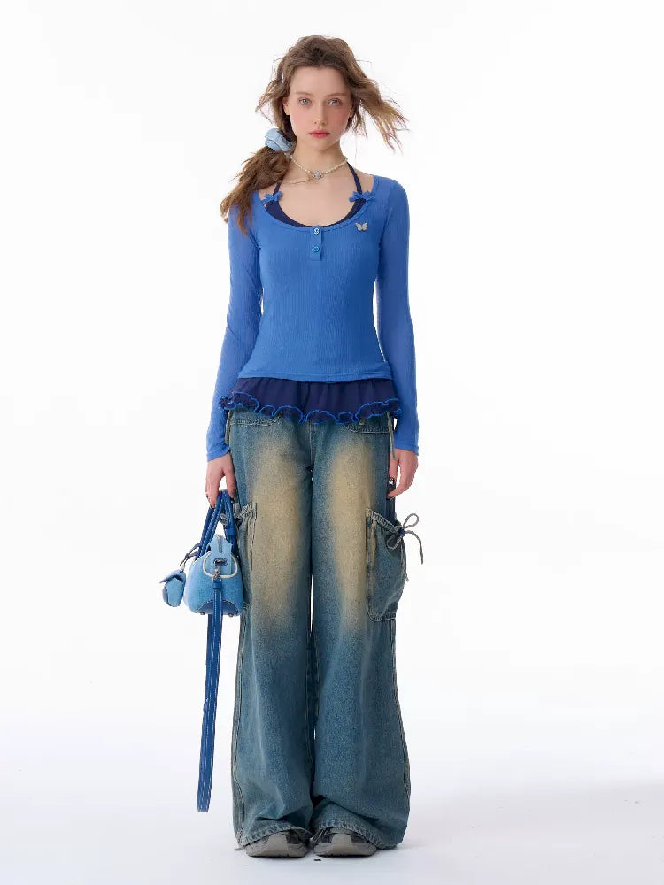 Bowknot High Waist workwear Denim Pants【s0000011675】