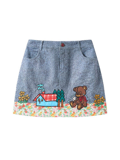 Denim Floral Patchwork Short Skirt【s0000018720】