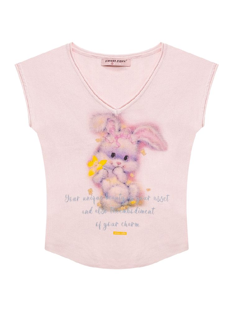 Rabbit Printing V-Neck Short Sleeve T-shirt【s0000012236】