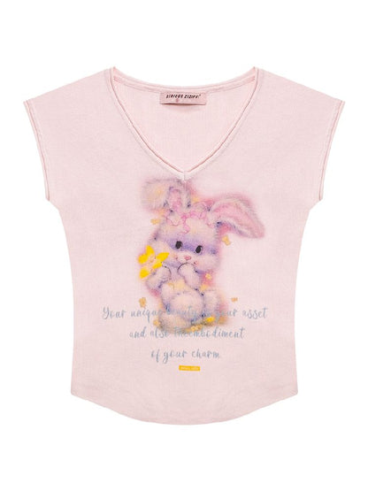 Rabbit Printing V-Neck Short Sleeve T-shirt【s0000012236】
