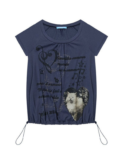 Cat Print Lazy Drawstring T-Shirt【s0000017253】