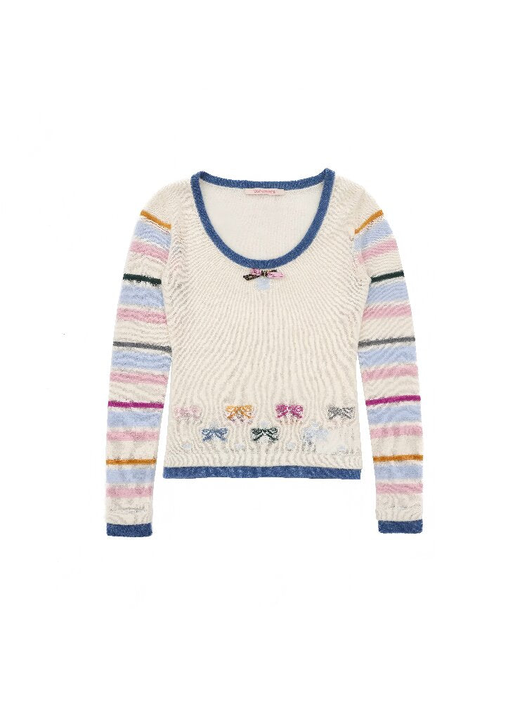 Contrast Striped Bow Knit Sweater【s0000016109】