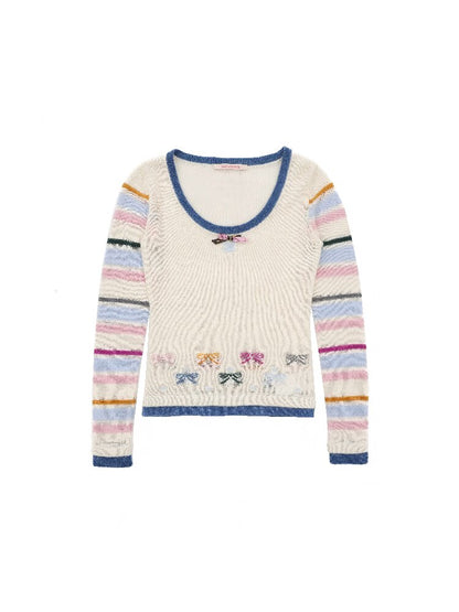 Contrast Striped Bow Knit Sweater【s0000016109】