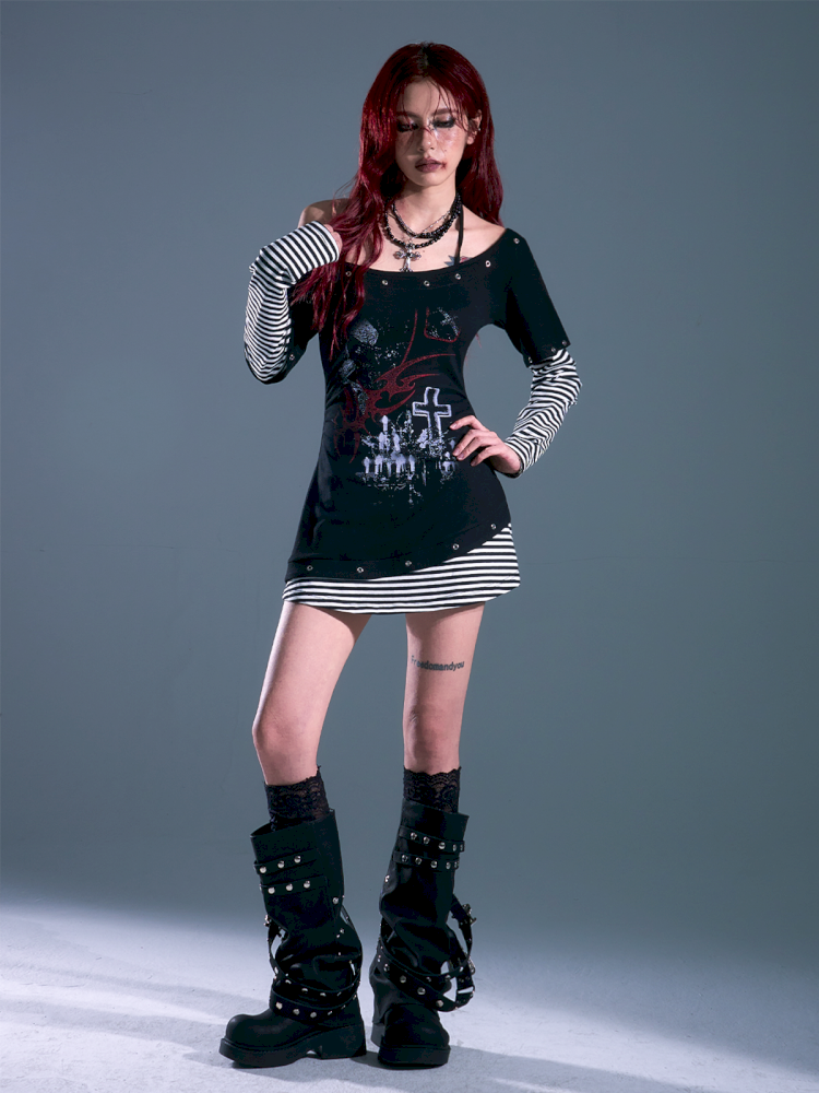 Slash Neck Slim Waisted Dresses t-shirt【s0000013694】