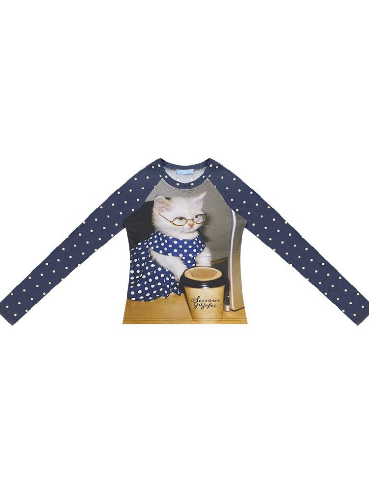Navy Polka Dot Cat Print Shirt【s0000017894】