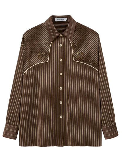 Velvet Beaded Contrast-Striped Vintage Shirt【s0000014079】