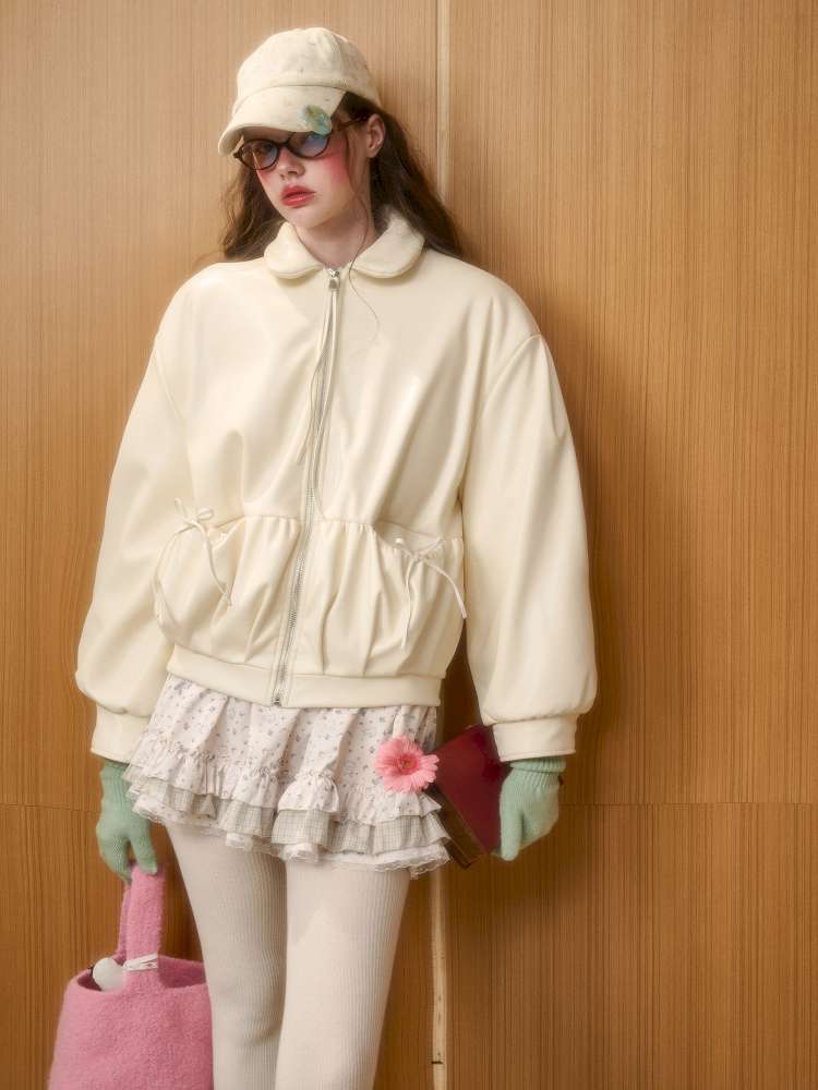 Cream Leather Doll Collar Leather Jacket【s0000014885】