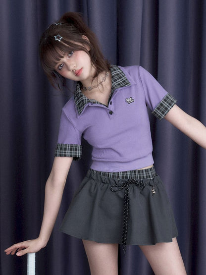Plaid Patchwork Short Sleeve T-Shirt【s0000012076】