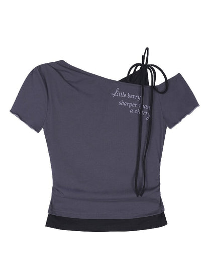 Cross-Shoulder Fake Two-Piece T-Shirt【s0000017683】