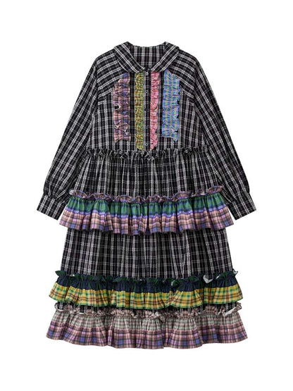 Colorful Lace Plaid Patchwork Black Dress【s0000014823】