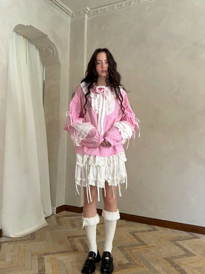 Pink checkered lace trim long-sleeved shirt【s0000012761】